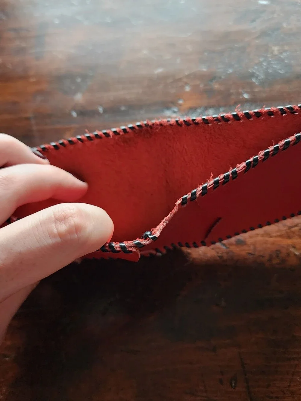 Vintage Hand Stitched Handmade Bright Red Leather Billfold Wallet Card Holder
